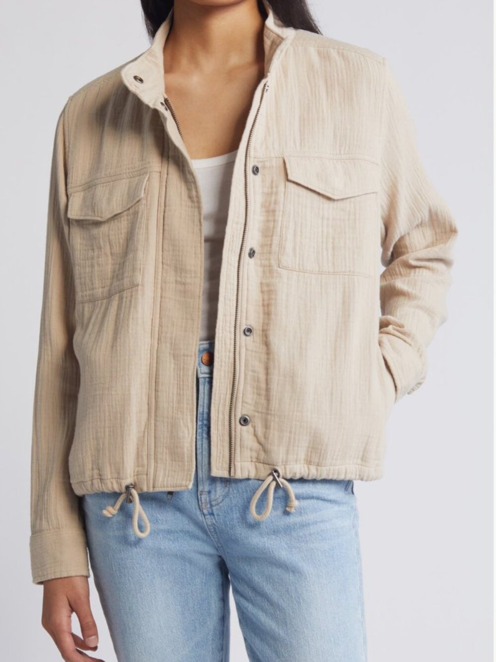Caslon Cotton Gauze Utility Jacket Beige Lightweight Drawstring Hem Size XL